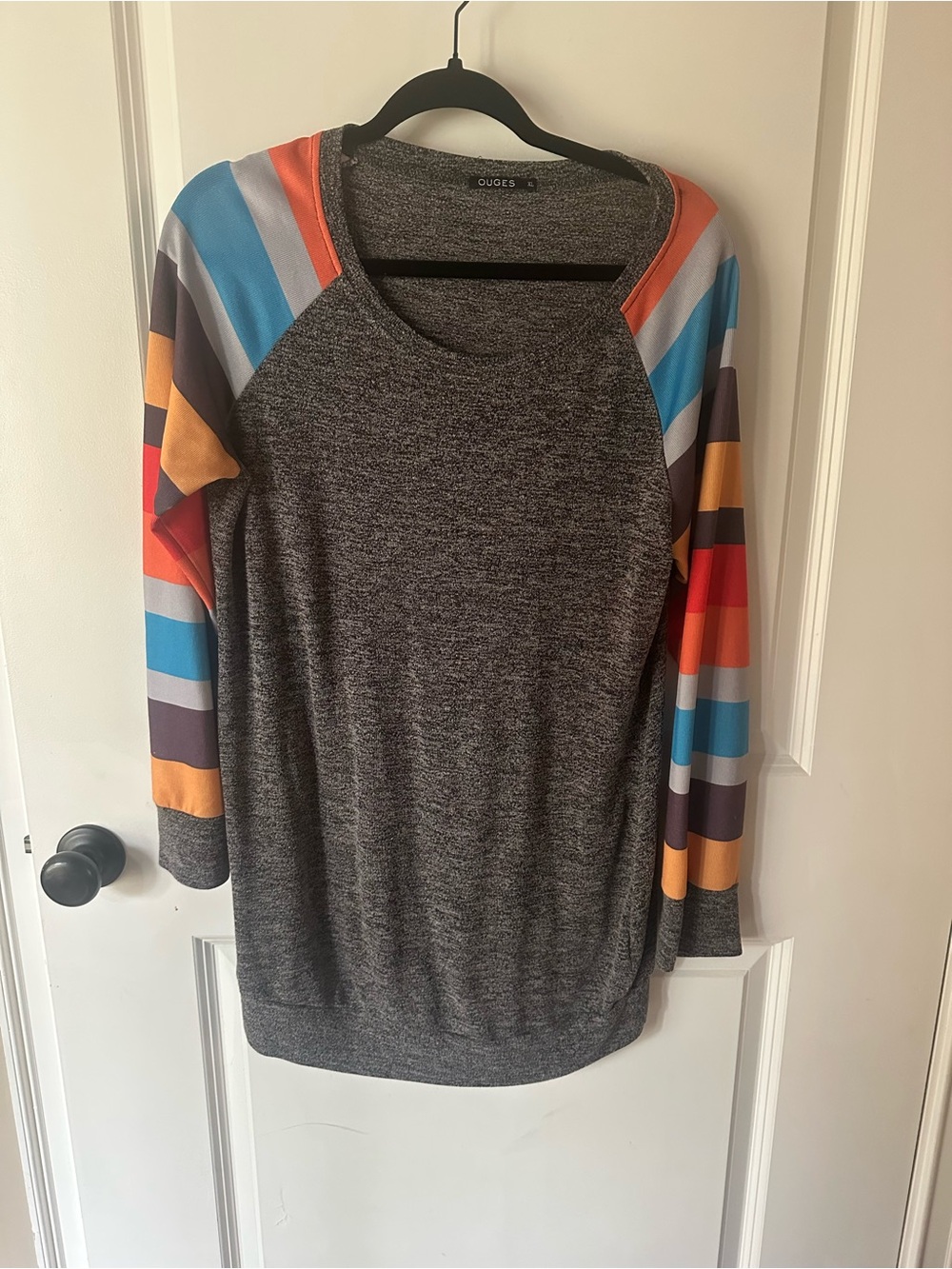 Oudoe Gray Raglan Top with Multicolor Striped Sleeves